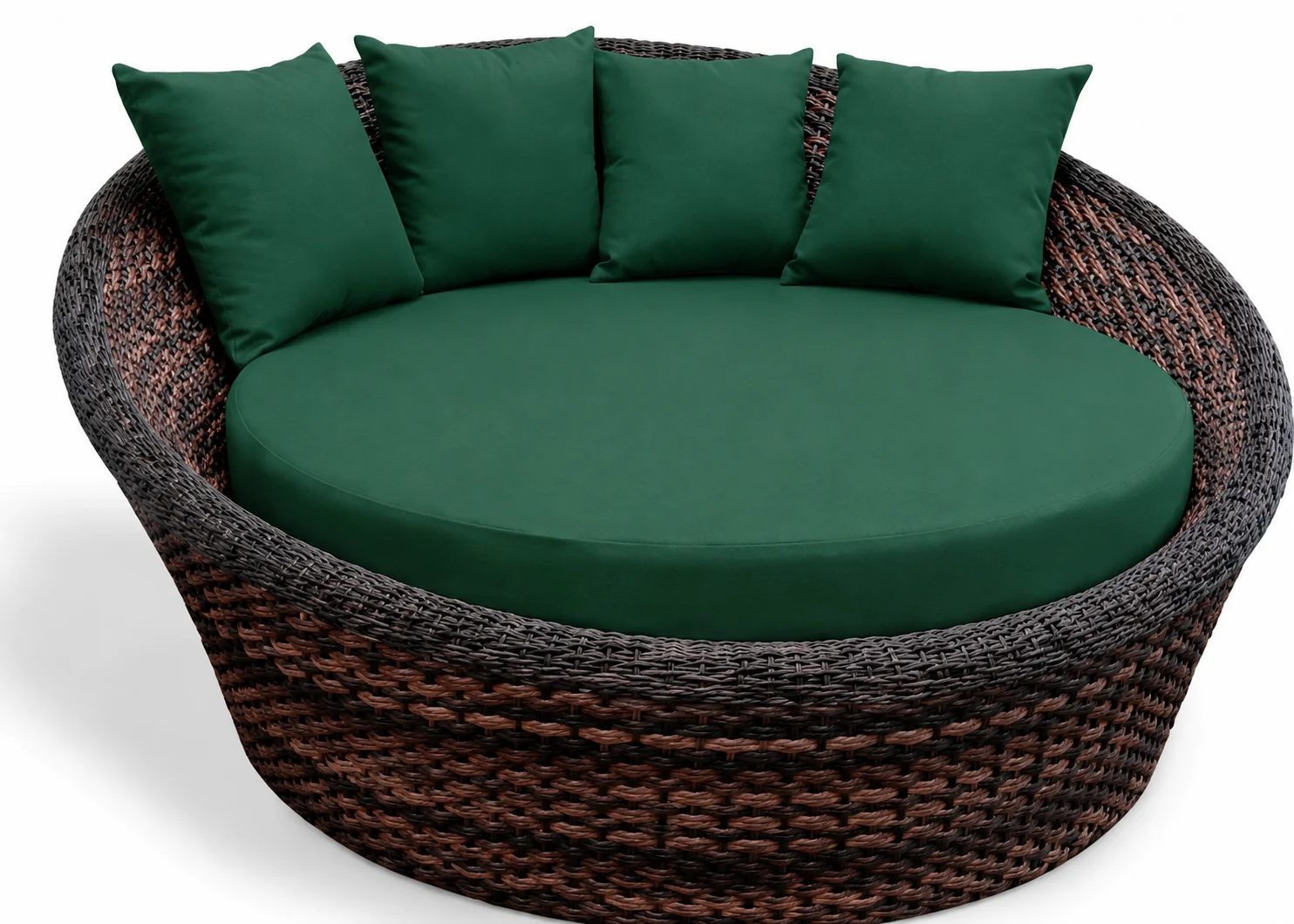 Poltrona redonda lounge com almofadas verdes